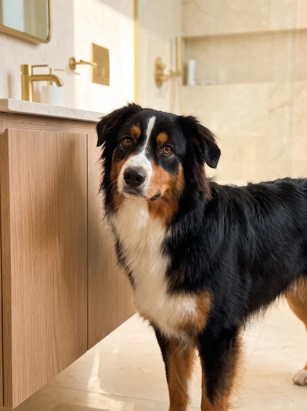 Australian Shepherd, a black tricolour adult standing by a closed timber cabinet in a bright cream bathroom