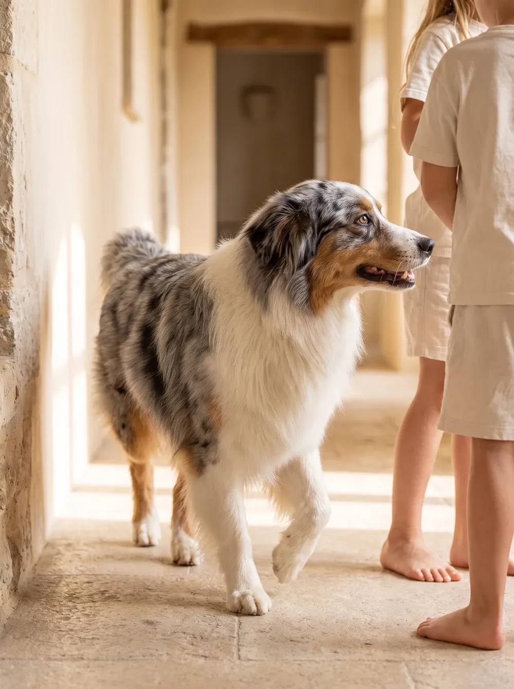 Australian Shepherd, a blue merle adult trotting beside two children down a sunlit stone hallway