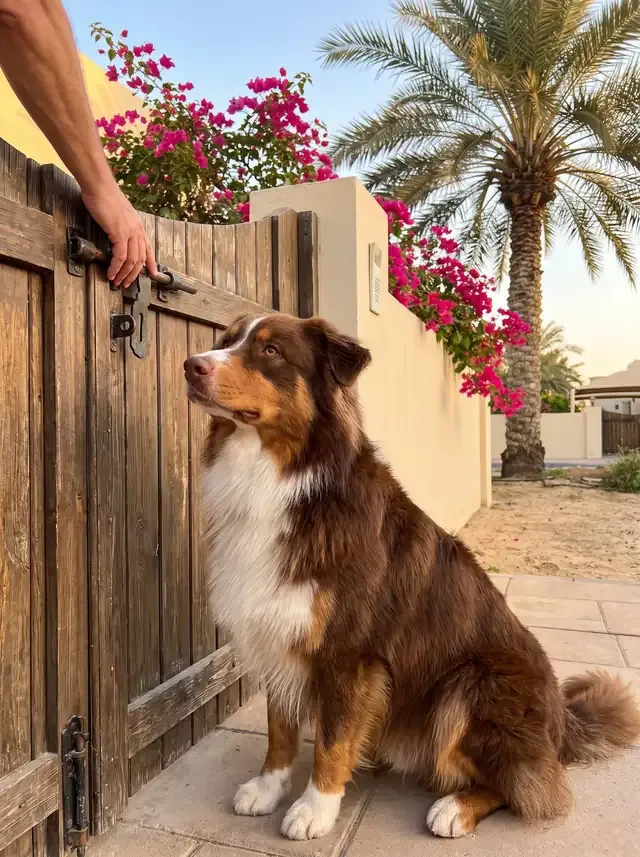 Australian Shepherd in Dubai, a red tricolour adult by a villa garden gate, watching a hand on the latch