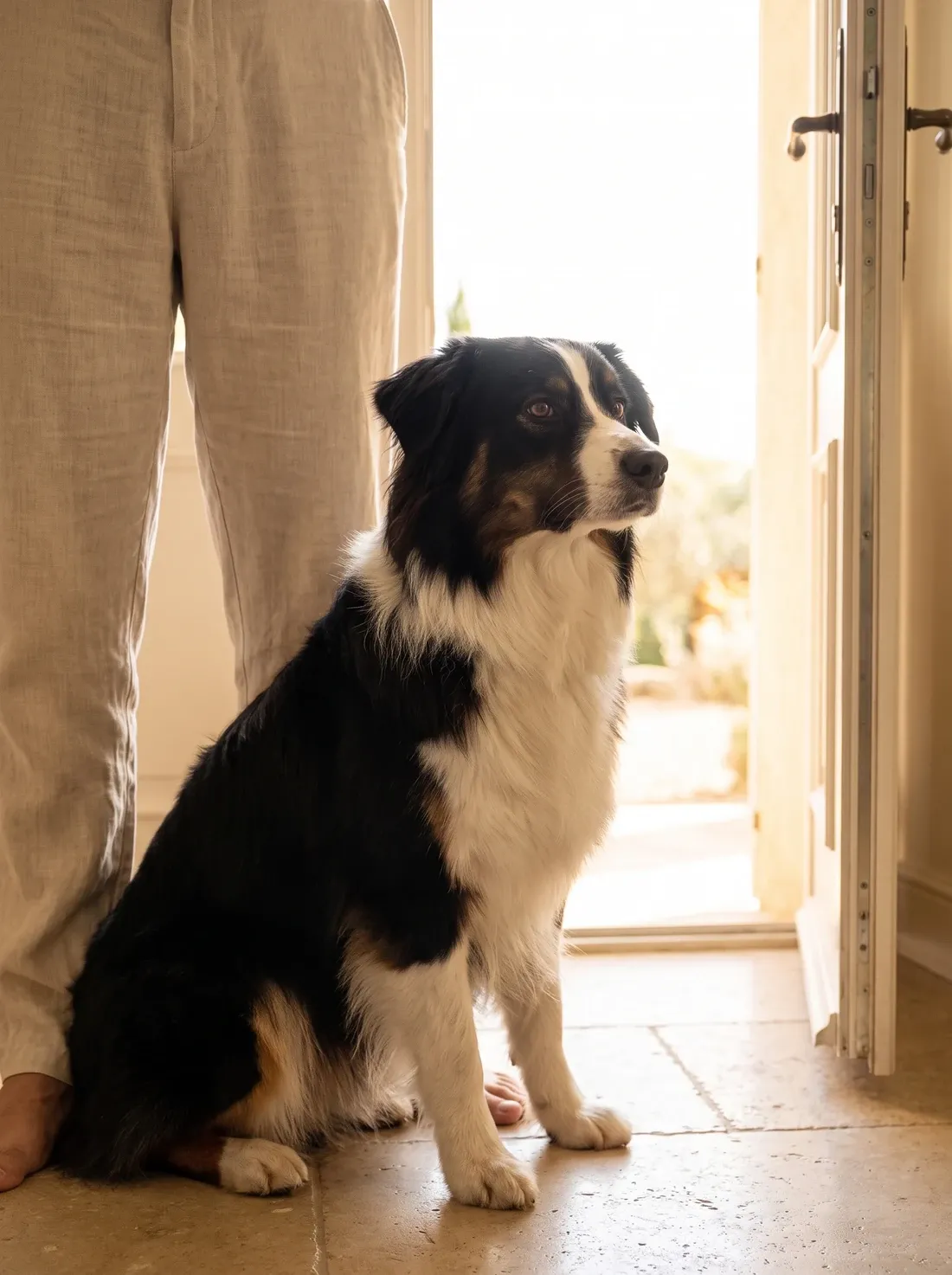 Australian Shepherd, a black and white adult sitting against a pet parent's legs, watching the open front door
