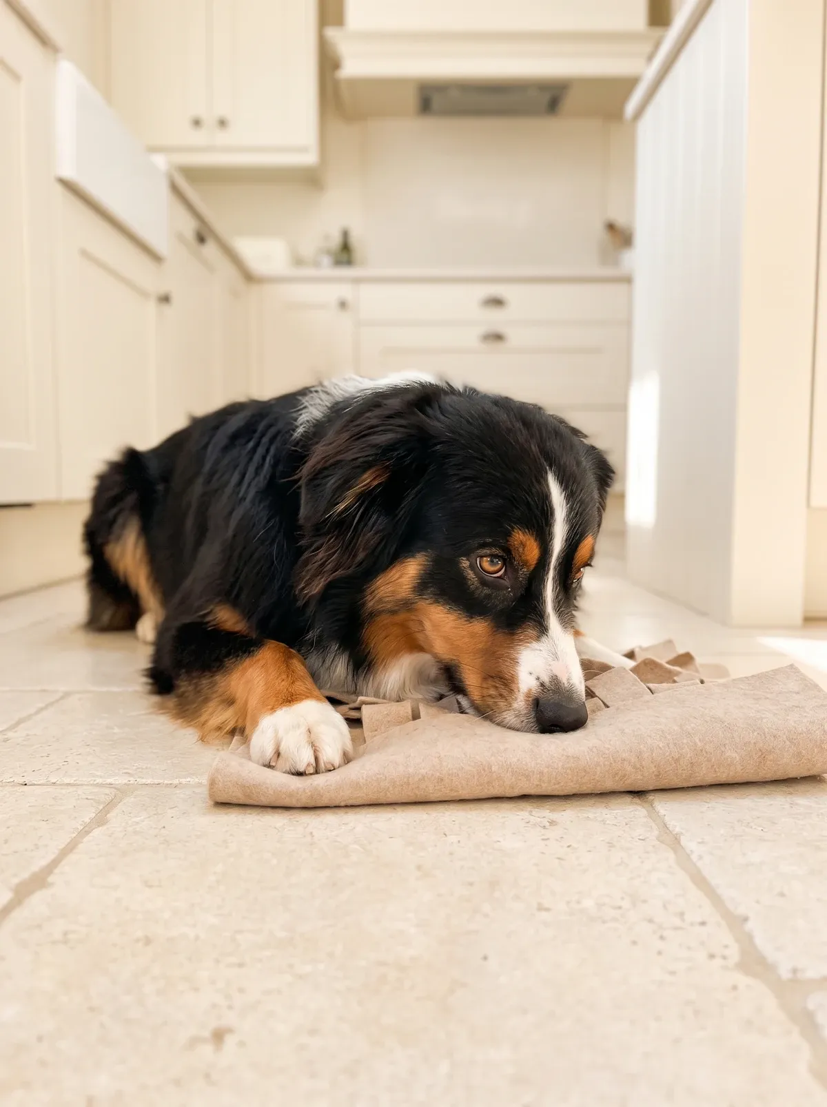 Australian Shepherd, a black tricolour adult lying nose down in a felt snuffle mat on a cream kitchen floor