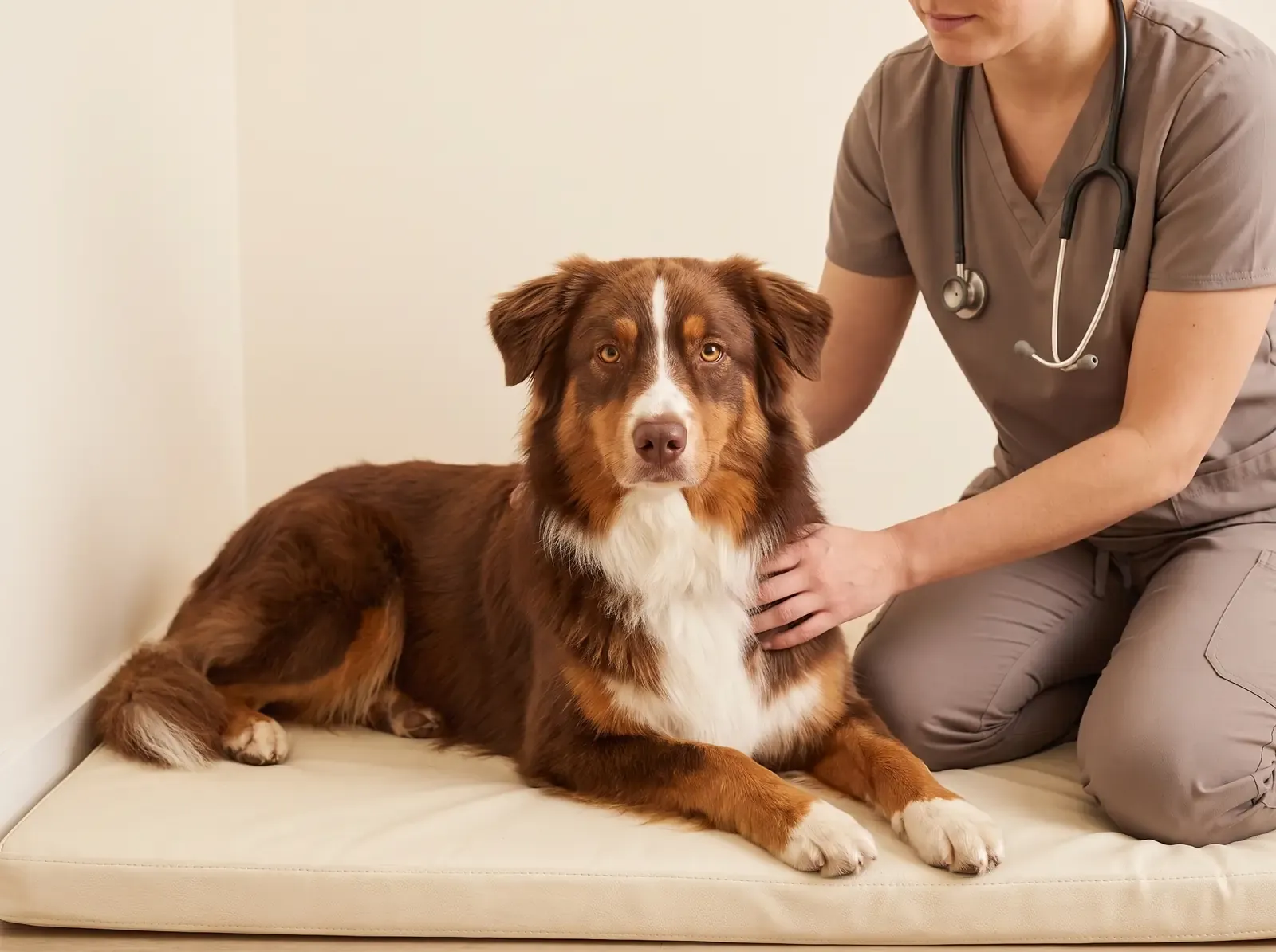 Australian Shepherd, a red tricolour adult lying on a padded mat as a vet in taupe scrubs rests a hand on their chest