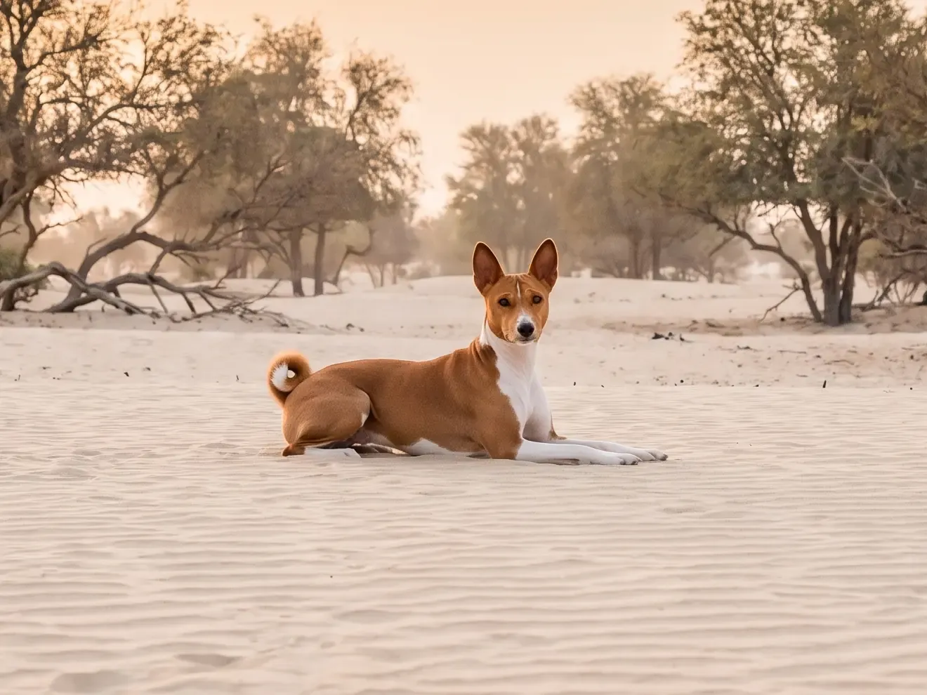 Basenji in Dubai, a red and white adult lying with head up on pale desert sand among ghaf trees