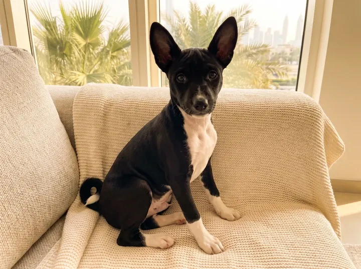 Basenji in Dubai, a black and white puppy sitting on a cream blanket, palms and the skyline outside