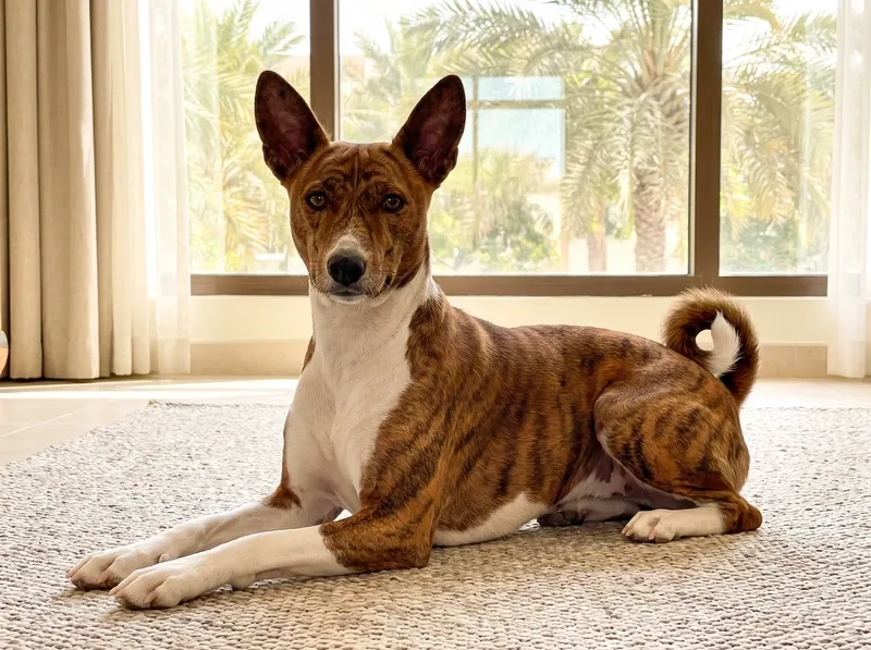 Basenji in Dubai, a brindle adult lying on a stone-coloured rug in a villa living room, palms outside