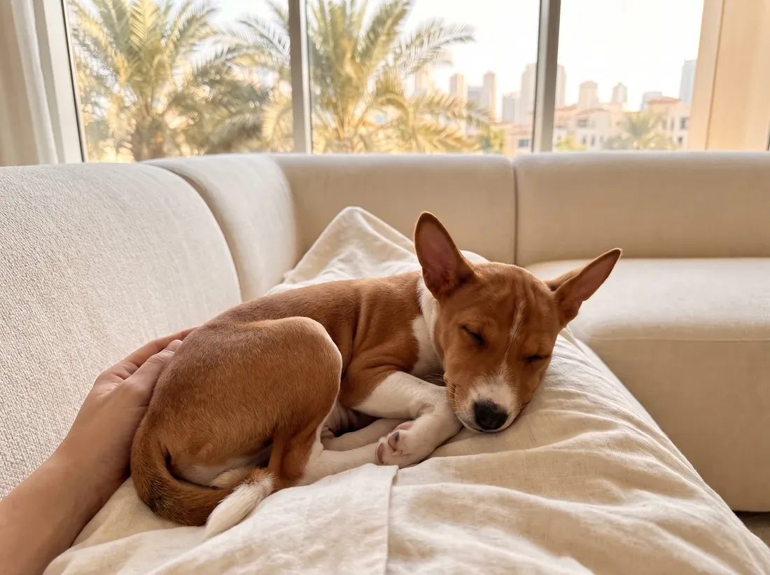 Basenji in Dubai, a red and white puppy asleep in a pet parent's lap, palms and the skyline outside