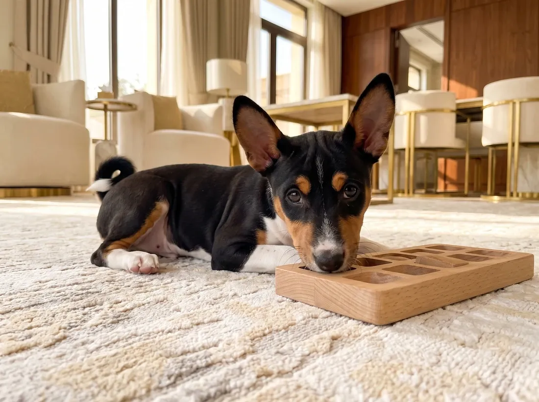 Basenji, a tricolour puppy lying on a pale rug, nose in a wooden puzzle feeder