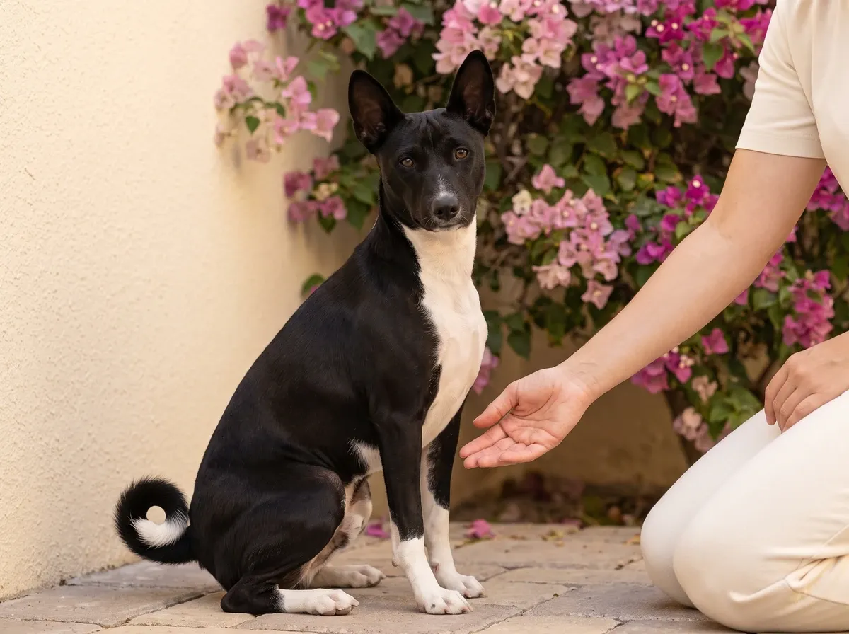 Basenji, a calm black and white adult meeting a pet parent's open hand by a bougainvillea wall