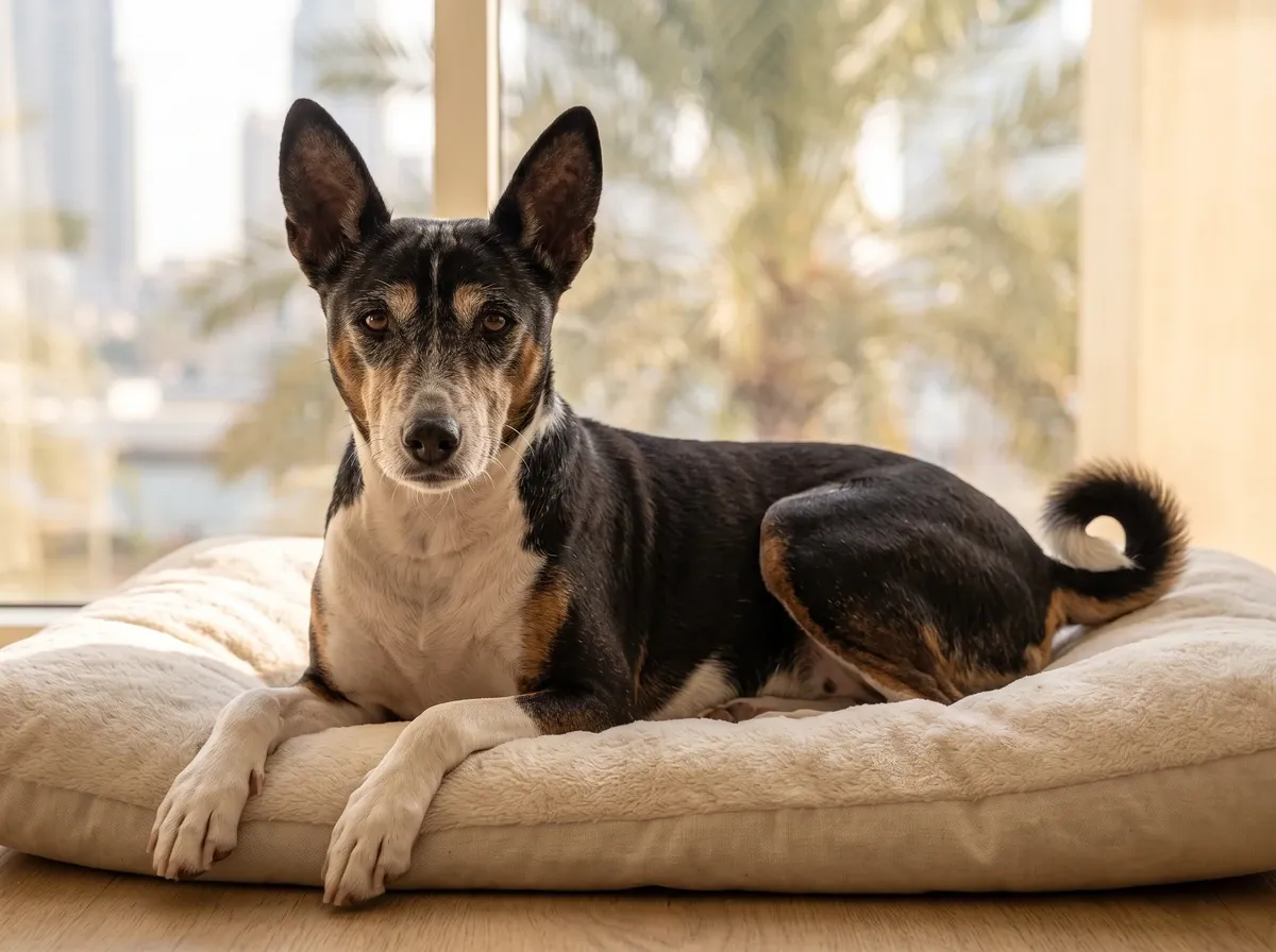 Basenji in Dubai, an older tricolour dog with a greying muzzle resting on a cream bed, palms outside