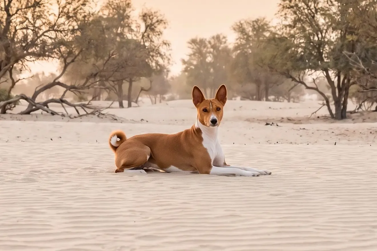 Basenji history, the breed today, a red and white adult lying on desert sand, Dubai, 2026