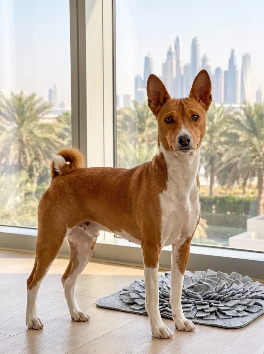 Basenji in Dubai, the same adult standing by a snuffle mat in a bright flat, palms and the skyline behind