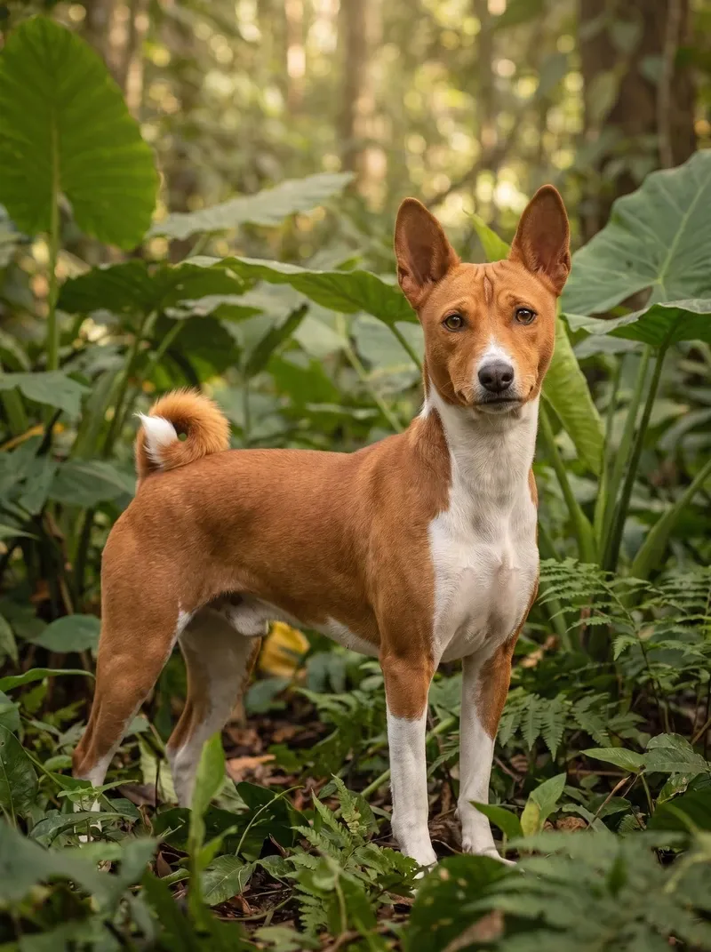 Basenji, a red and white adult standing among broad leaves in dense green forest undergrowth