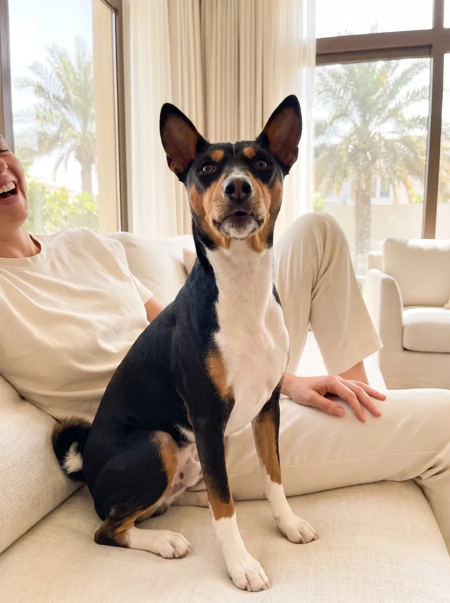 Basenji in Dubai, a tricolour adult on a cream sofa mid-yodel, a pet parent laughing beside them, palms outside