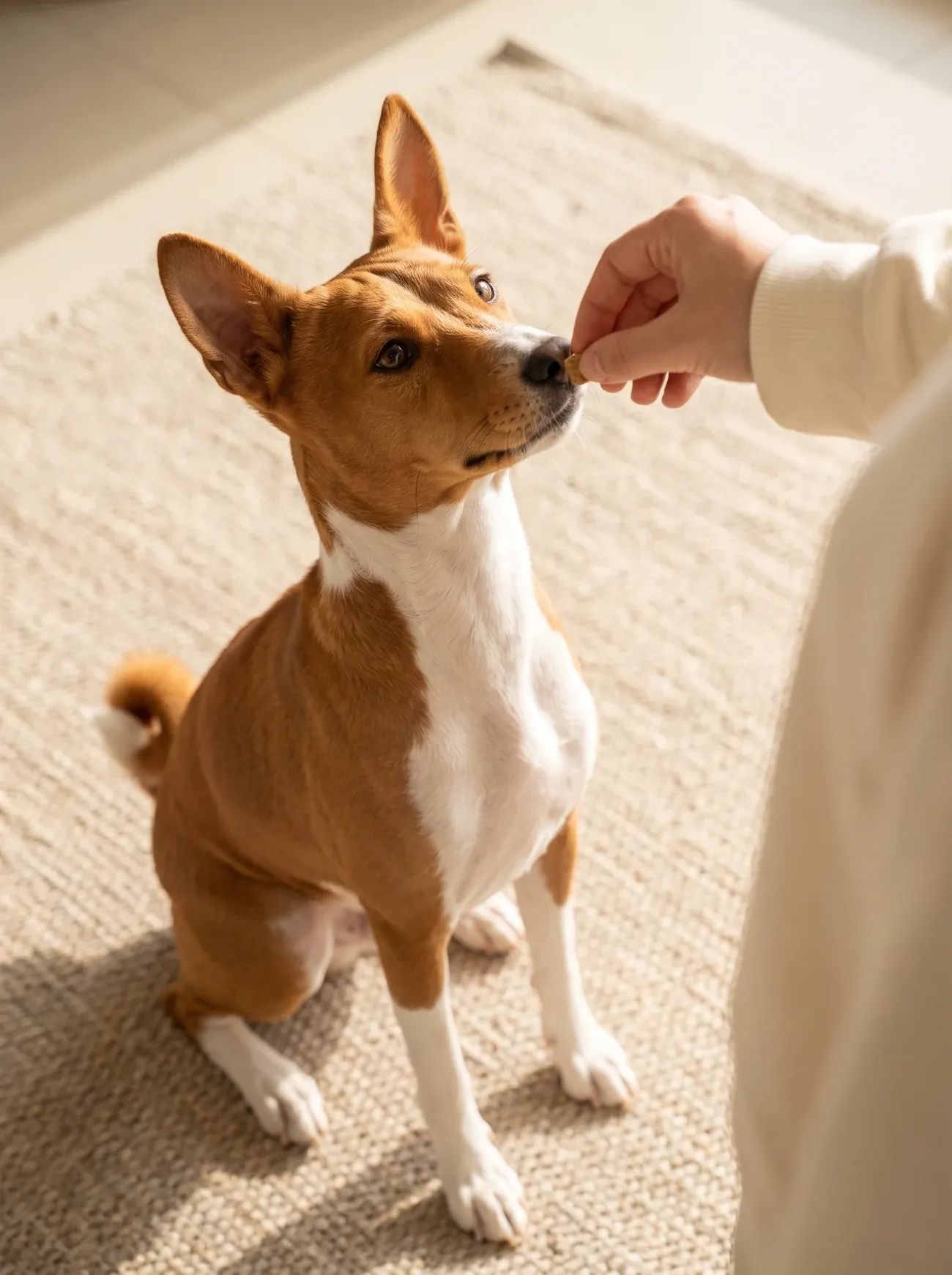 Basenji, a red and white adult sitting on a woven rug, eyeing a treat in a pet parent's hand