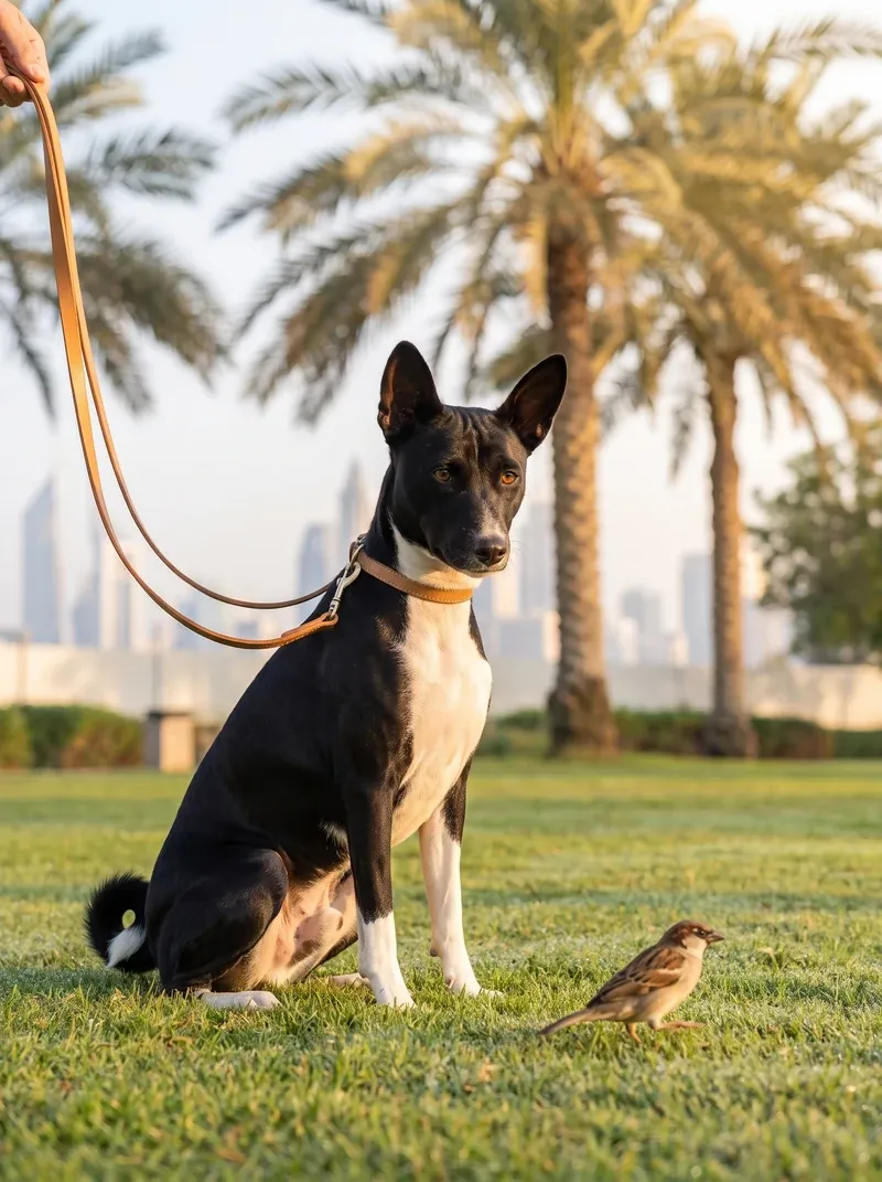 Basenji in Dubai, a black and white adult on a lead in a park at dawn, a sparrow on the grass, the skyline behind