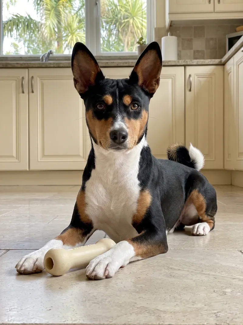 Basenji in Dubai, a tricolour adult lying on kitchen tiles with a chew toy between the paws, palms outside