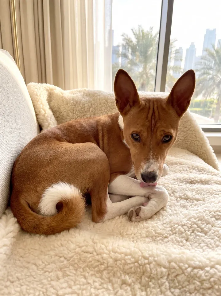 Basenji in Dubai, a red and white adult curled on a cream blanket licking a paw, palms and the skyline outside
