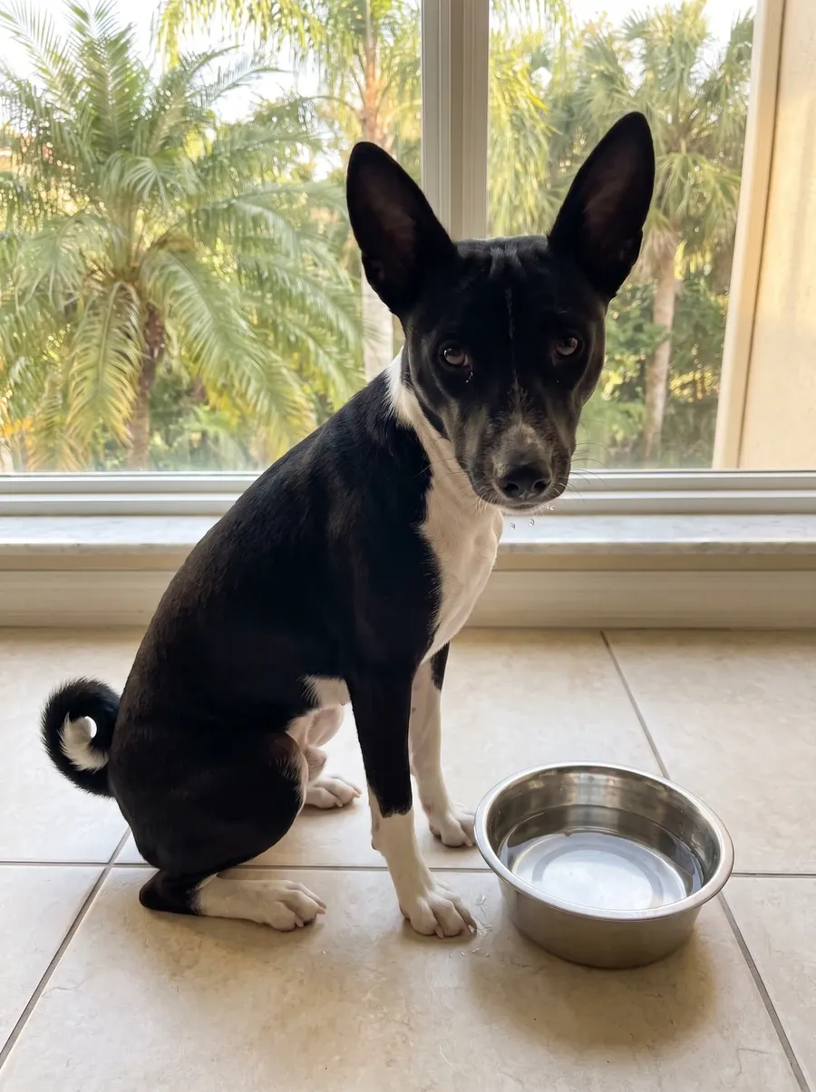 Basenji in Dubai, a black and white adult sitting beside a steel water bowl on a tiled floor, palms outside
