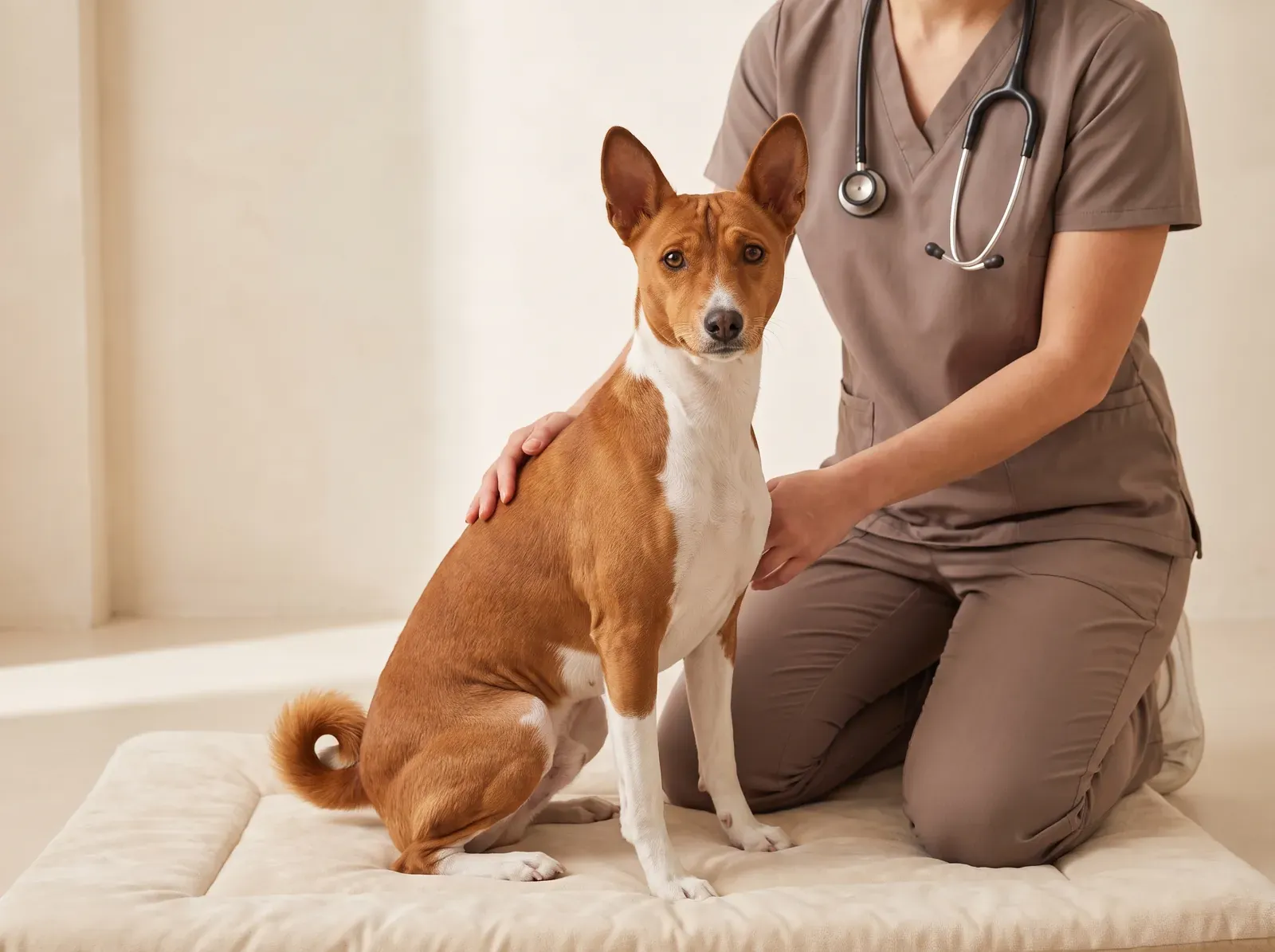 Basenji, a red and white adult sitting on a padded mat as a vet in taupe scrubs rests a hand on their back