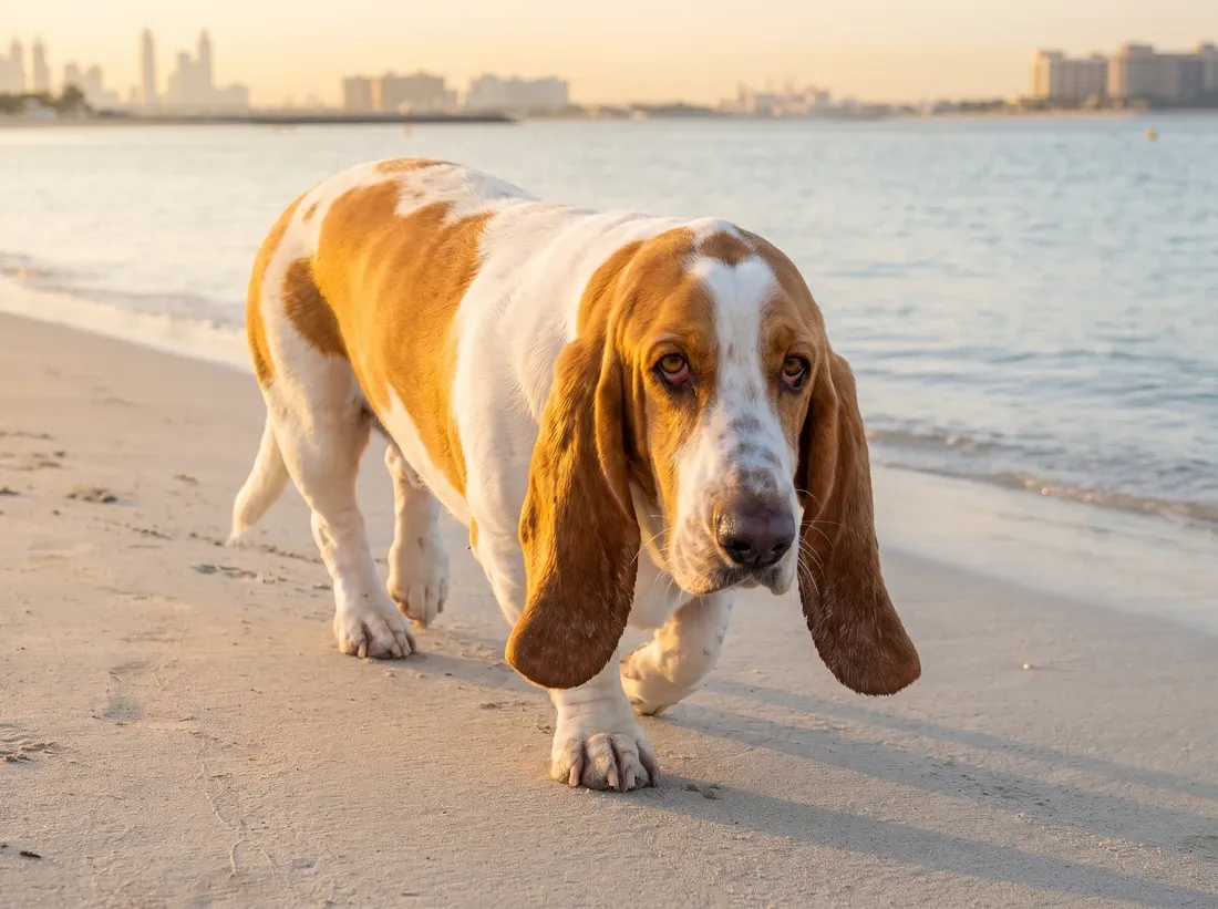 Basset Hound in Dubai, a tan and white adult ambling along the beach at sunrise, the skyline behind