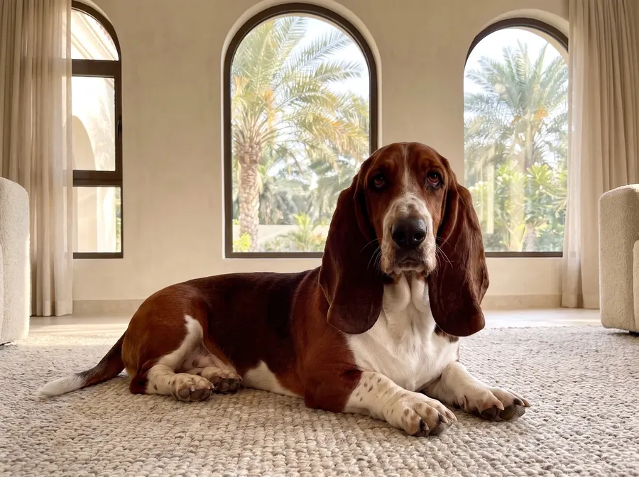 Basset Hound in Dubai, a mahogany and white adult lying on a wool rug by arched windows onto palms