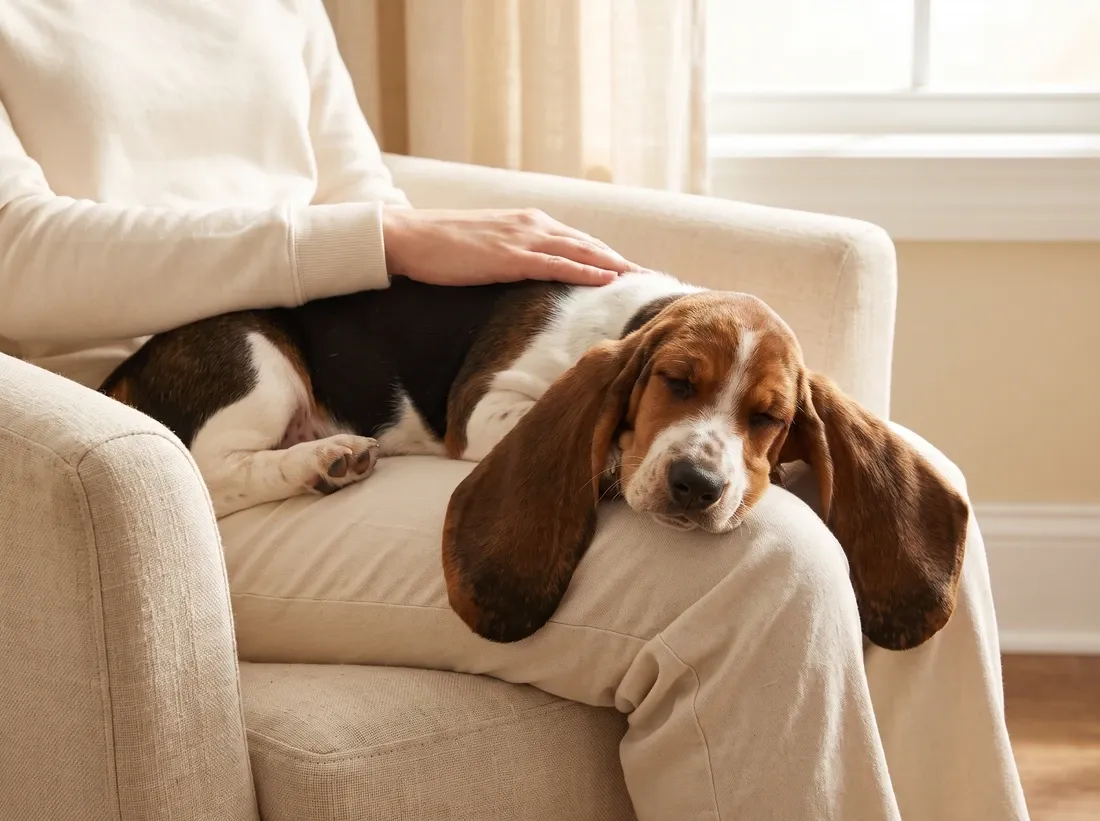 Basset Hound, a tricolour puppy asleep in a pet parent's lap, ears spread over their knees