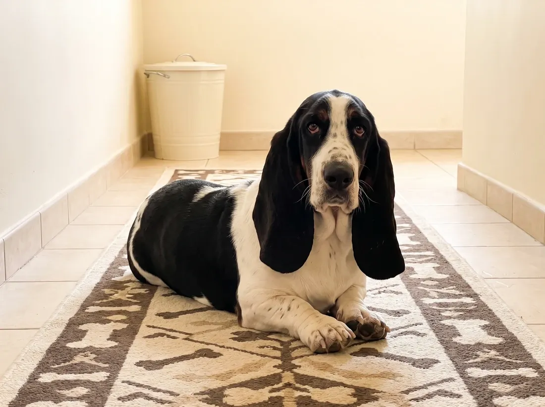 Basset Hound, a black and white young dog lying on a hallway runner beside a lidded bin