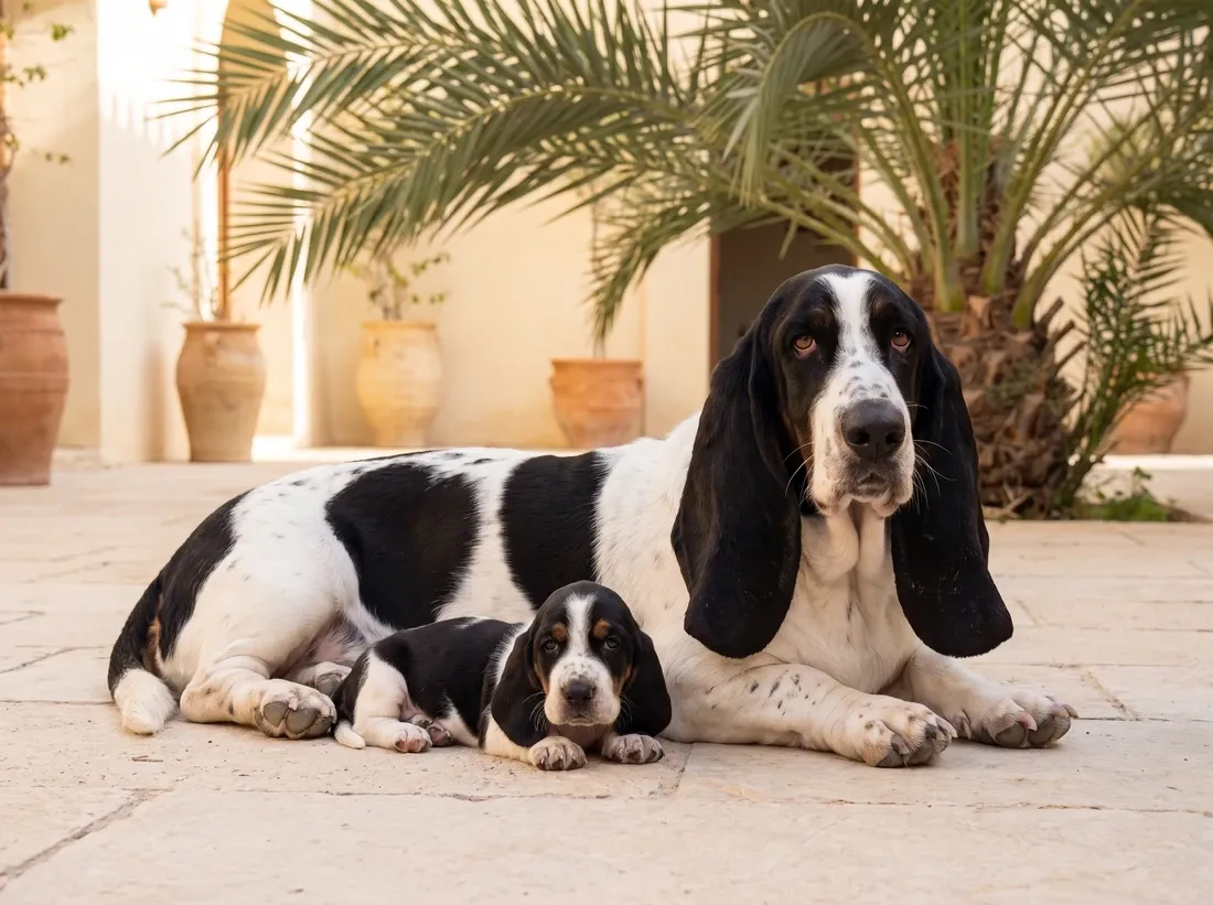 Basset Hound in Dubai, a black and white mother lying with a puppy in a shaded villa courtyard with palms