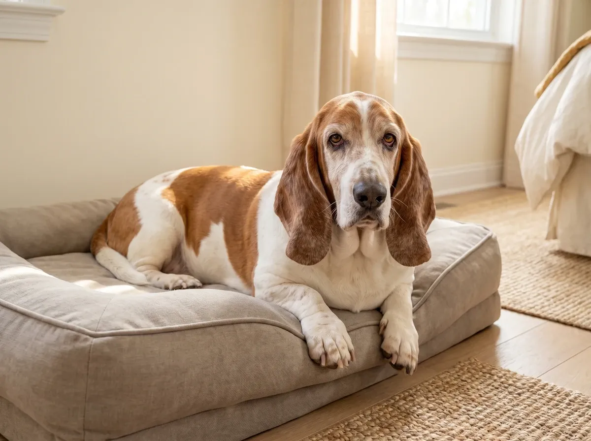 Basset Hound, an older red and white dog with a greying muzzle resting on an orthopaedic bed