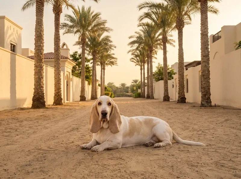 Basset Hound history, the breed today, a lemon and white adult lying with head up on a palm-lined villa path at dawn