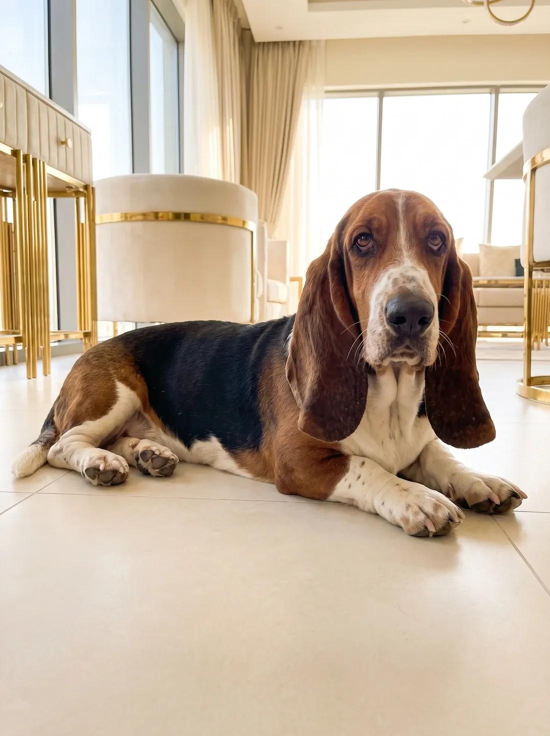 Basset Hound, a tricolour adult lying on a pale floor in a bright living room