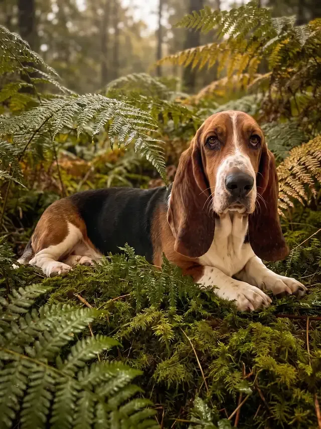 Basset Hound, a tricolour adult lying among ferns in a shaded French woodland