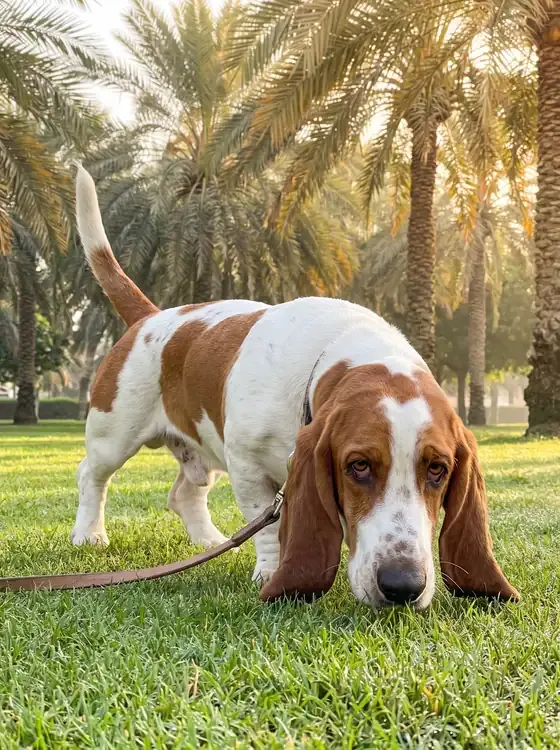 Basset Hound in Dubai, a red and white adult on a slack lead, nose down in a park lawn under date palms