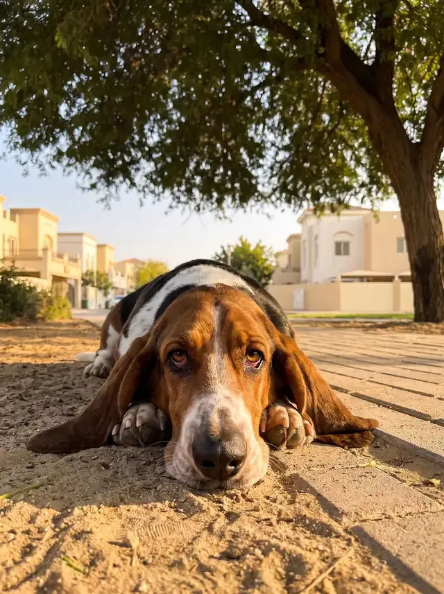 Basset Hound, a tricolour adult lying with chin on paws in the shade of a tree by a villa path