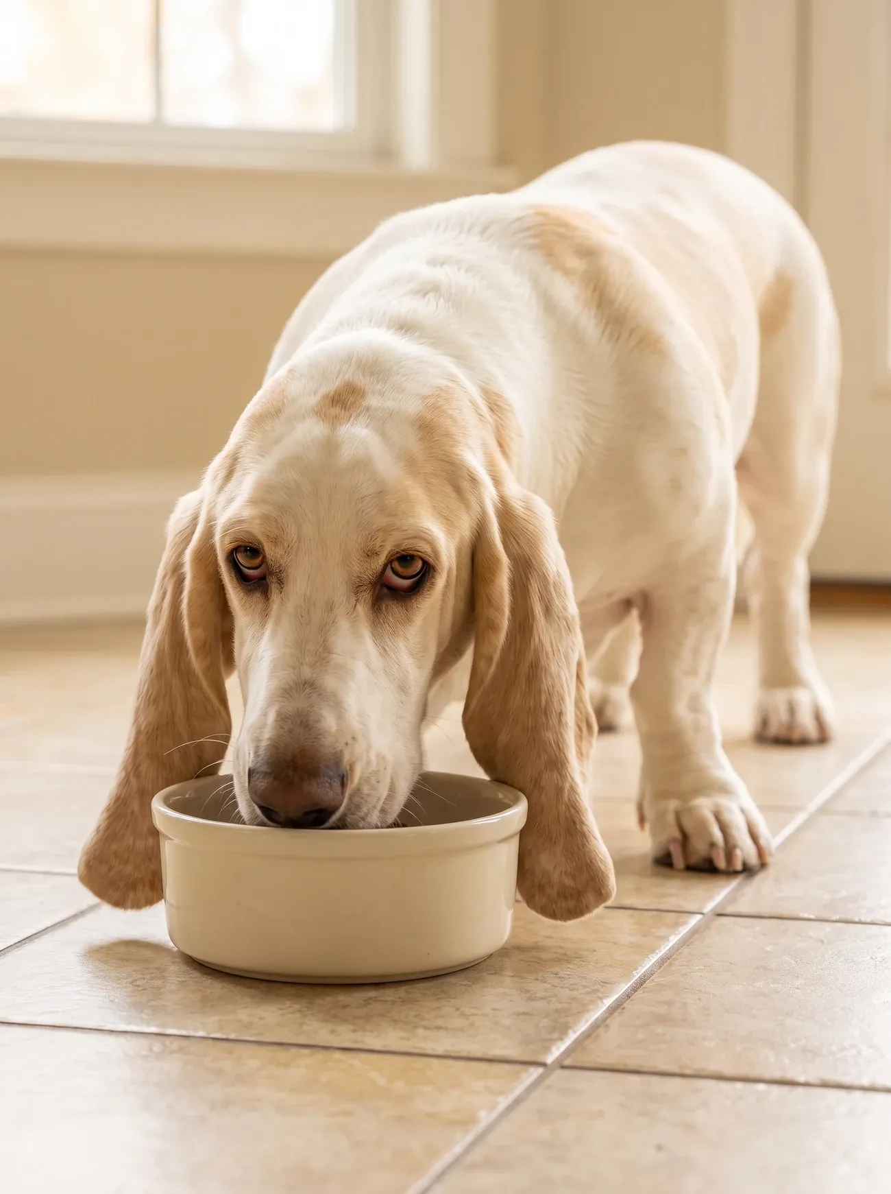Basset Hound, a lemon and white adult eating from a cream bowl, long ears hanging either side