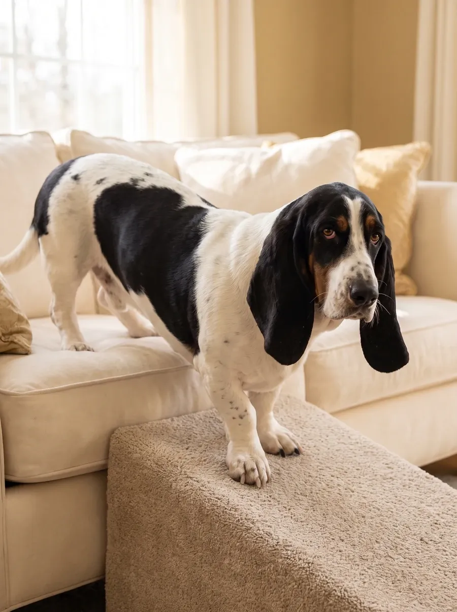 Basset Hound, a black and white adult stepping down a carpeted ramp from a cream sofa