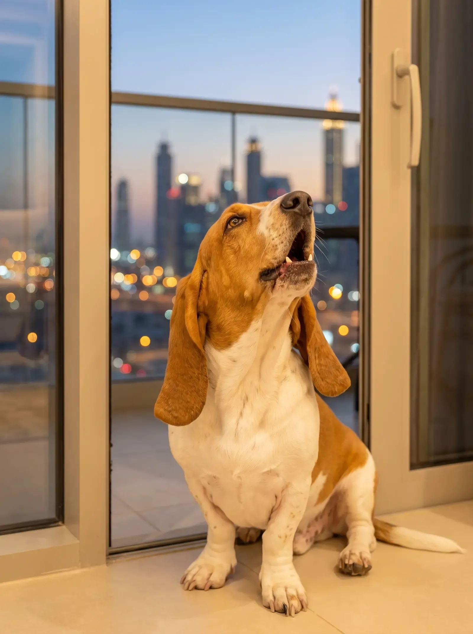 Basset Hound in Dubai, a tan and white adult howling by a balcony door at dusk, city lights beyond