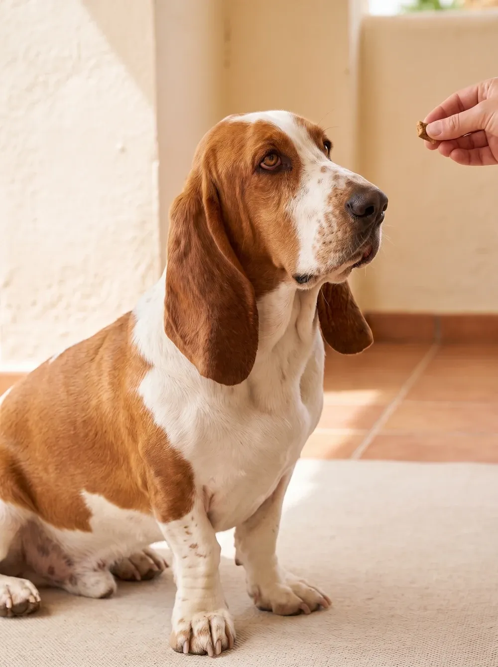 Basset Hound, a red and white adult sitting on a shaded terrace, eyes on a treat in a hand