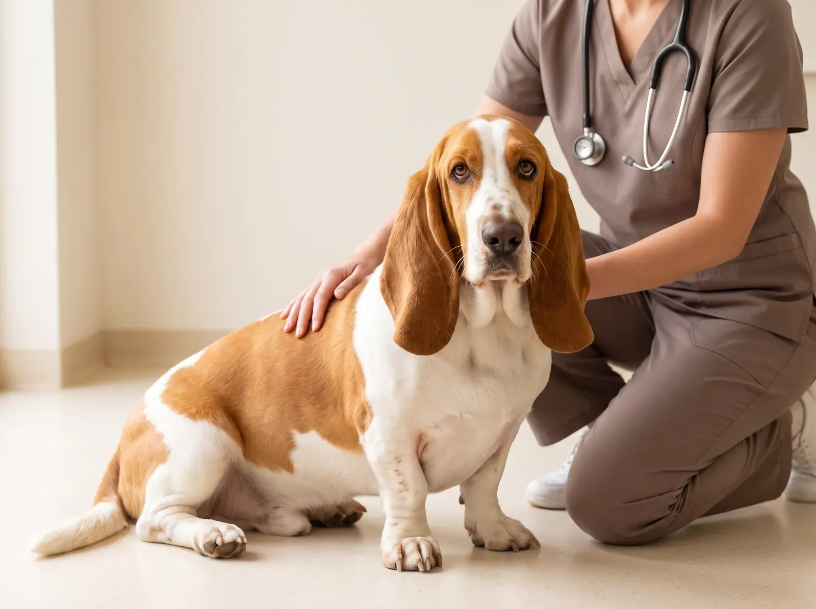 Basset Hound, a tan and white adult sitting calmly as a vet in taupe scrubs kneels beside it