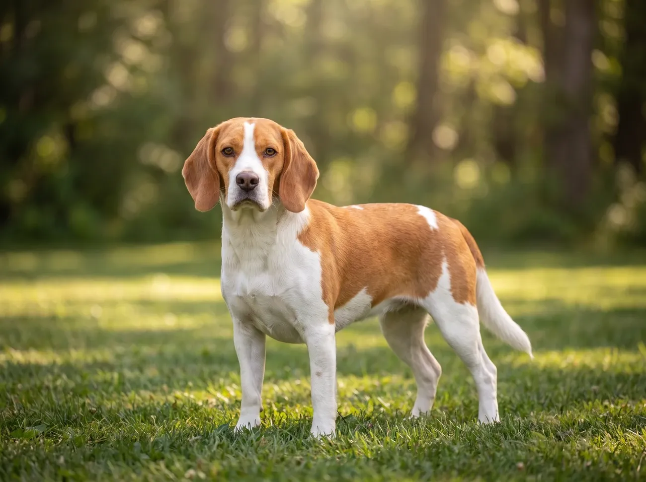 Beagle, a red and white adult standing on a sunlit lawn by trees