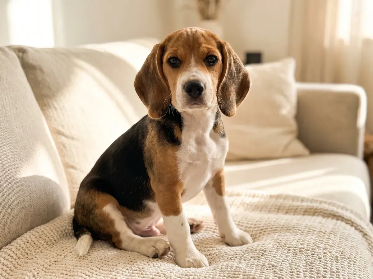Beagle, a tricolour puppy sitting on a cream blanket on the sofa