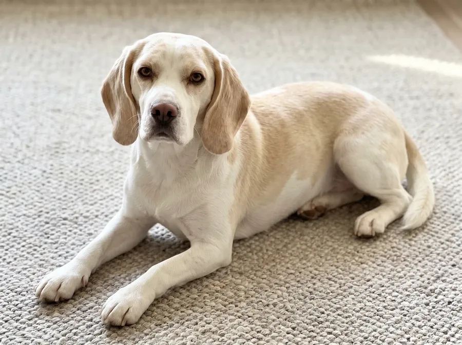 Beagle, a lemon and white adult lying on a stone-coloured rug