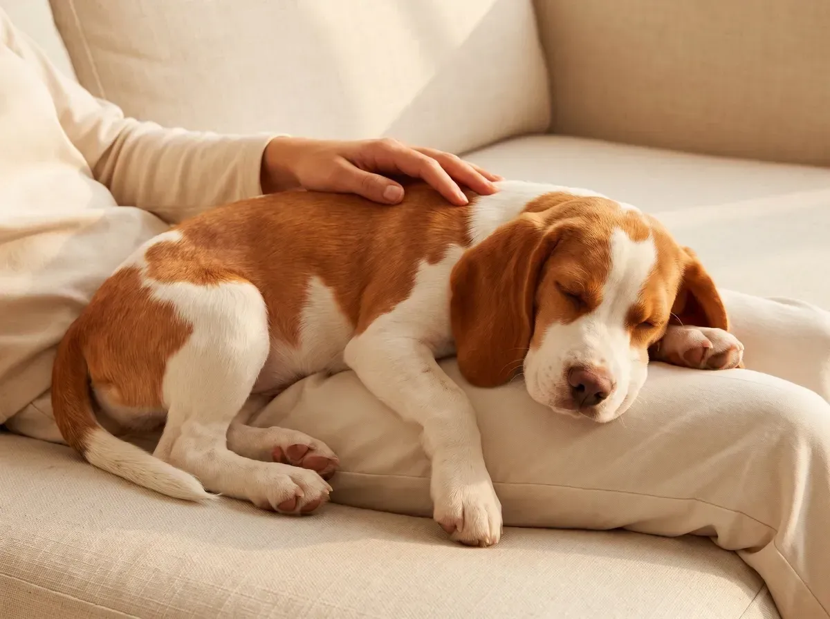Beagle, a red and white adult asleep in a pet parent's lap on the sofa