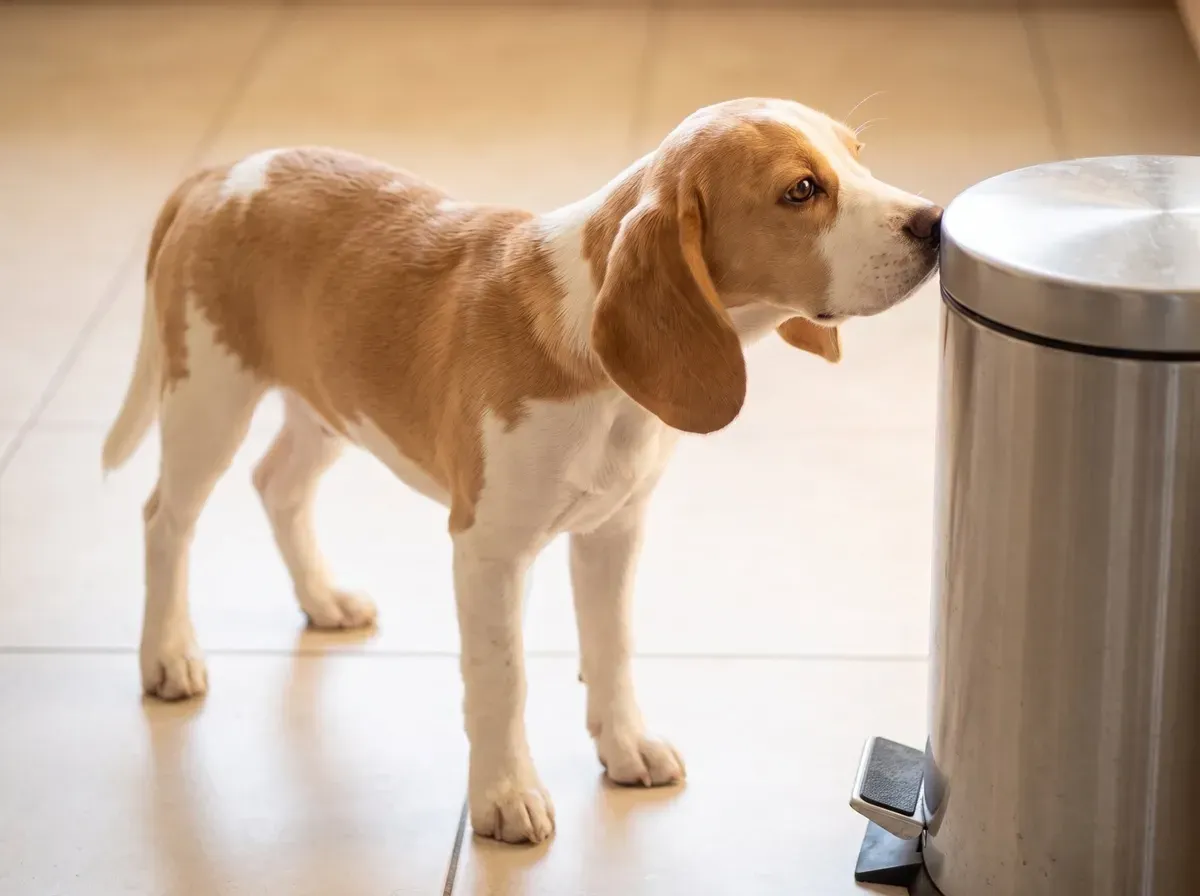 Beagle, a tan and white adult sniffing a closed kitchen bin