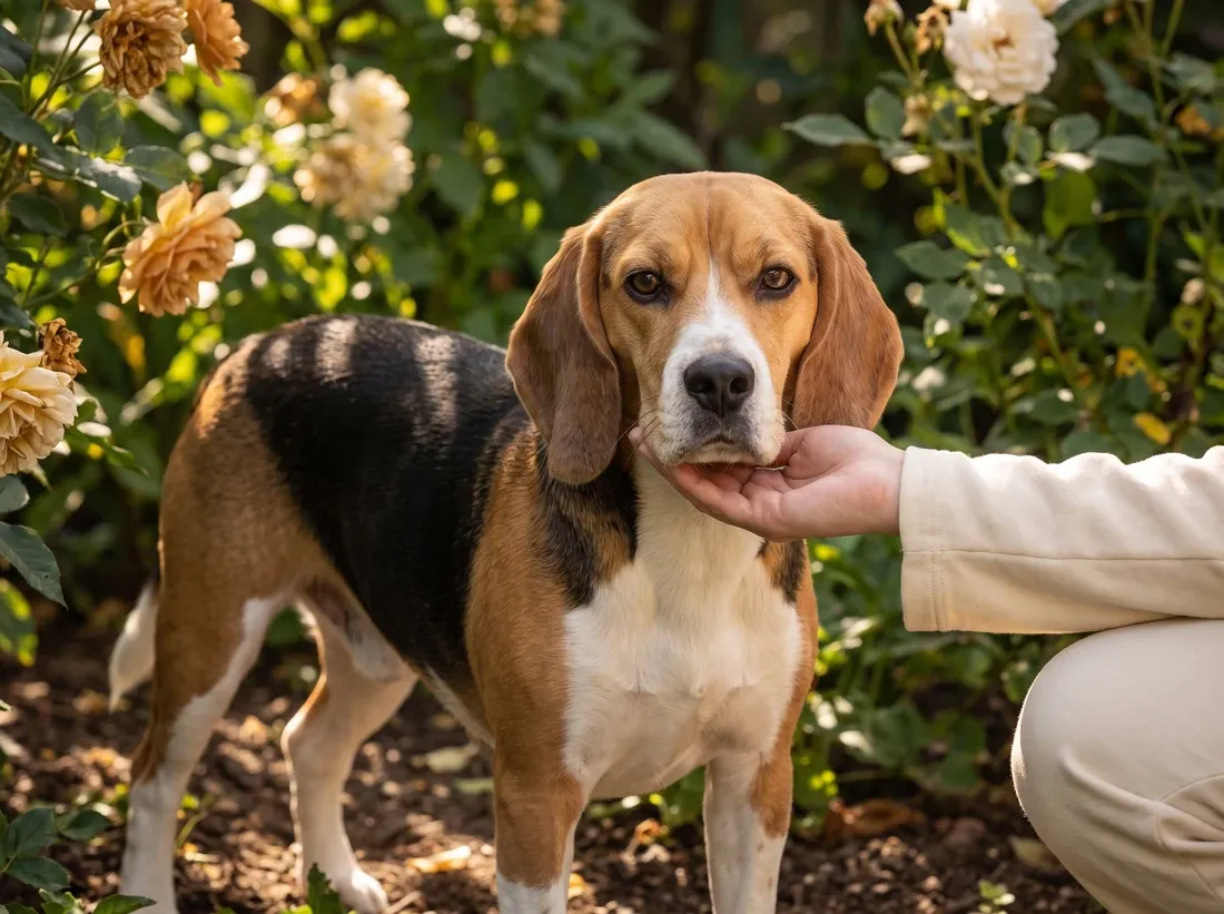 Beagle, a tricolour adult in a garden of roses, a pet parent's hand under the dog's chin