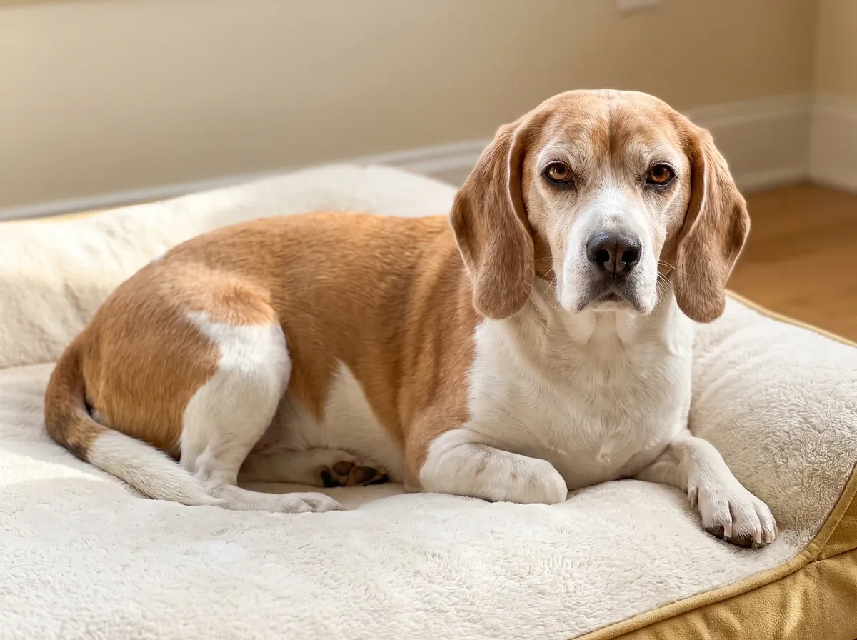 Beagle, an older tan and white dog with a greying muzzle resting on a soft bed