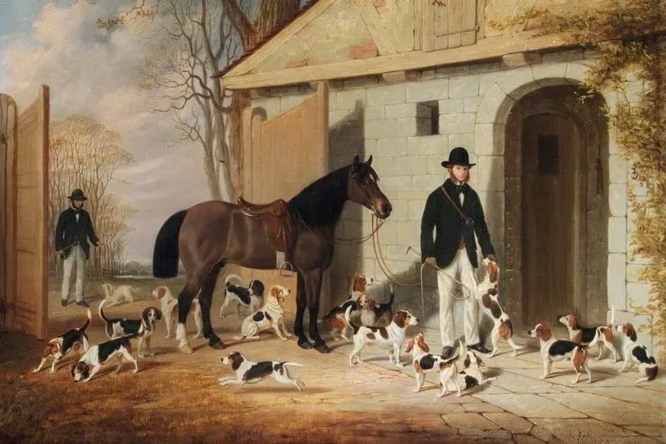 Beagle history, the Benn brothers with a horse and their pack at the kennels, Benn Fields, Warwickshire