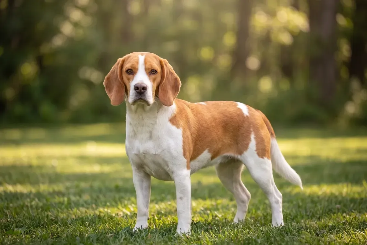 Beagle history, the breed today, a red and white adult standing on a lawn in soft morning light