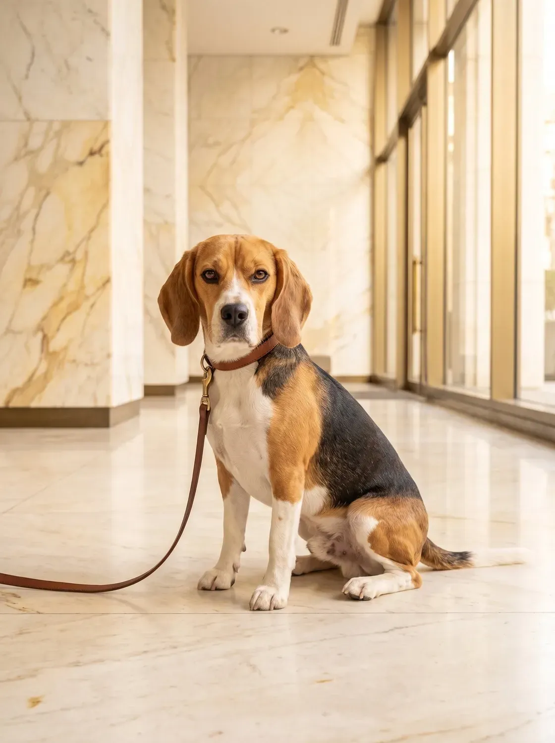 Beagle, a tricolour adult sitting on a lead on the marble floor of a cool, bright building lobby
