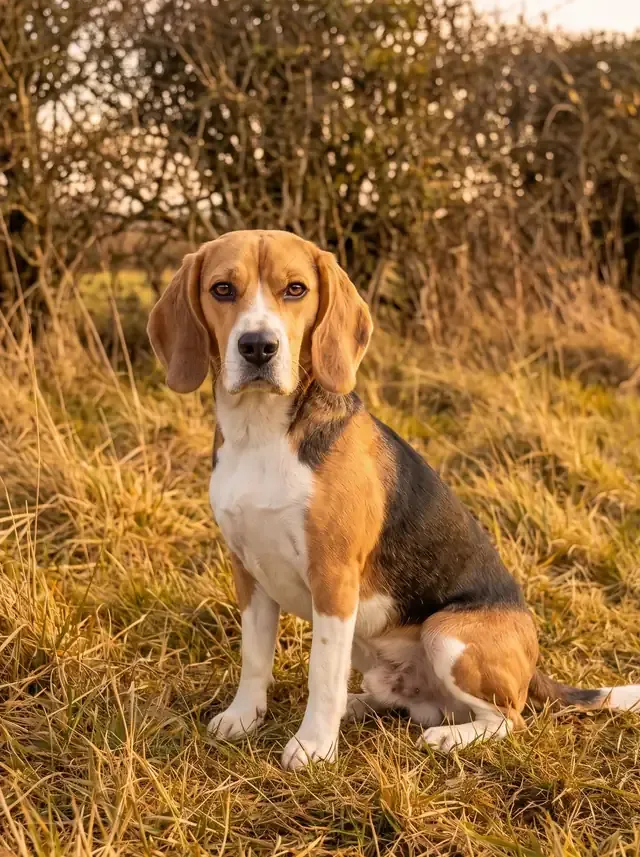 Beagle, a tricolour adult sitting in rough grass beside an English hedgerow